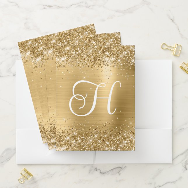 Sparkly Gold Glitter and Foil Monogram Pocket Folder (In Situ)