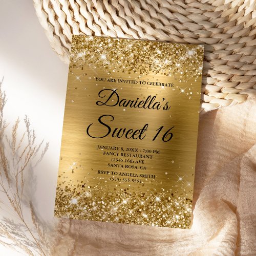Sparkly Gold Glitter and Foil Sweet 16 Invitation