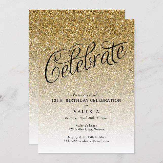 Sparkly Gold Glitter Birthday Celebrate Invitation | Zazzle