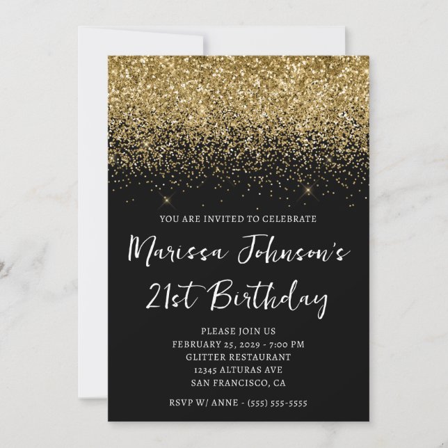Sparkly Gold Glitter Black 21st Birthday Invitation (Front)