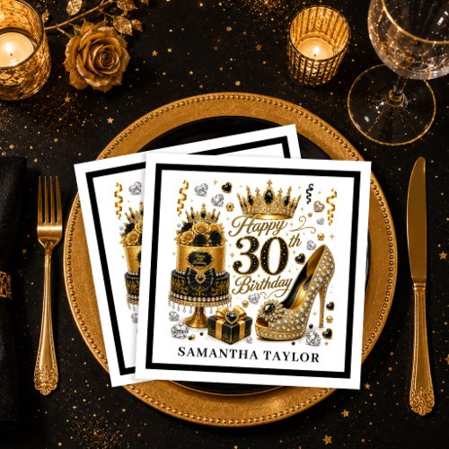 Sparkly Gold Glitter Black And Gold 30th Napkins D