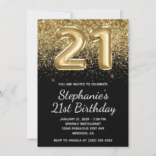 Sparkly Gold Glitter Black Balloon 21st Birthday Invitation