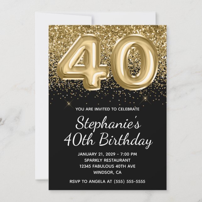 Sparkly Gold Glitter Black Balloon 40th Birthday Invitation (Front)