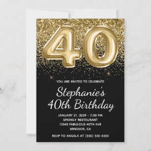 Sparkly Gold Glitter Black Balloon 40th Birthday Invitation