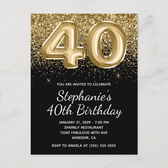 Sparkly Gold Glitter Black Balloon 40th Birthday Invitation Postcard (Front)