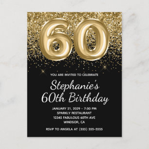 Sparkly Gold Glitter Black Balloon 60th Birthday Invitation Postcard