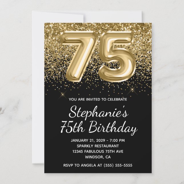 Sparkly Gold Glitter Black Balloon 75th Birthday Invitation (Front)