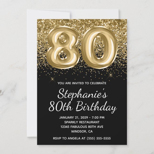 Sparkly Gold Glitter Black Balloon 80th Birthday Invitation (Front)