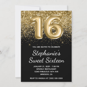 Sparkly Gold Glitter Black Balloon Sweet Sixteen Invitation