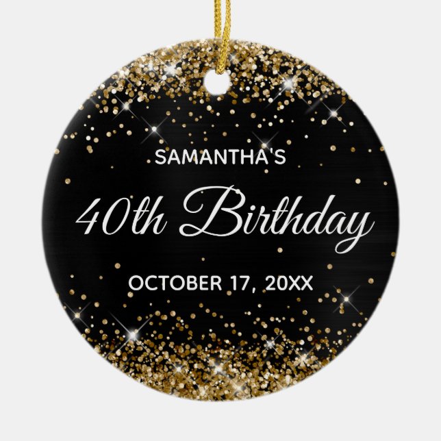 Sparkly Gold Glitter Black Foil 40th Birthday Ceramic Ornament (Front)