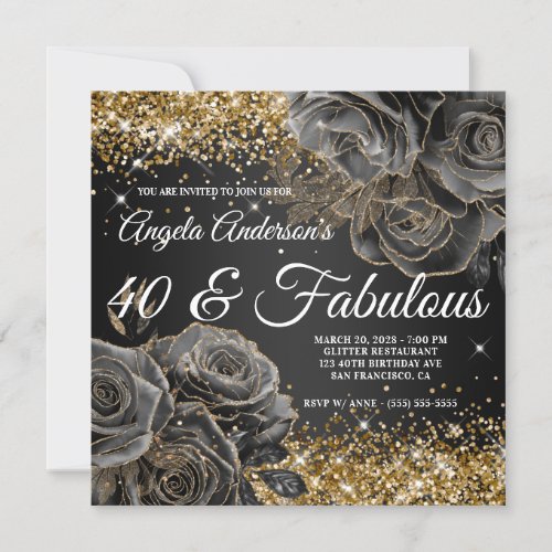 Sparkly Gold Glitter Black Rose Glam 40  Fabulous Invitation