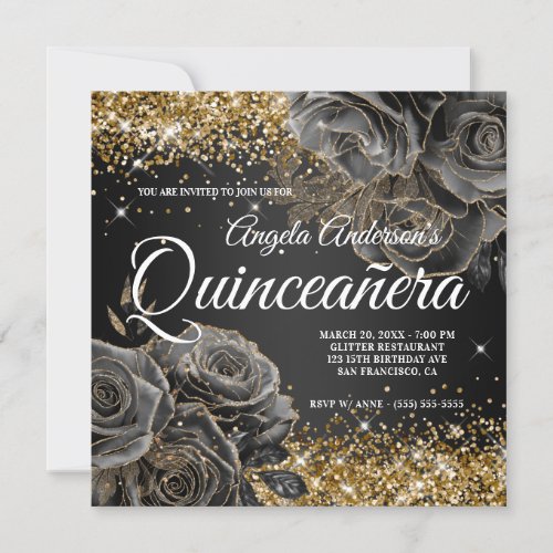 Sparkly Gold Glitter Black Rose Glam Quinceaera Invitation