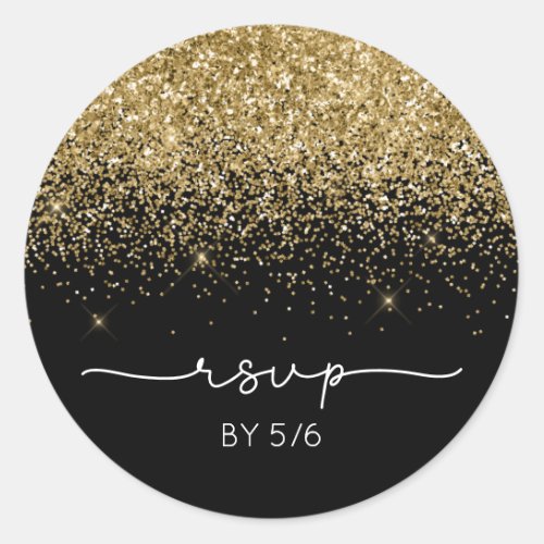 Sparkly Gold Glitter Black RSVP Wedding Classic Round Sticker