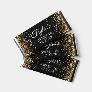 Sparkly Gold Glitter Black Sweet 16 Hershey Bar Favors