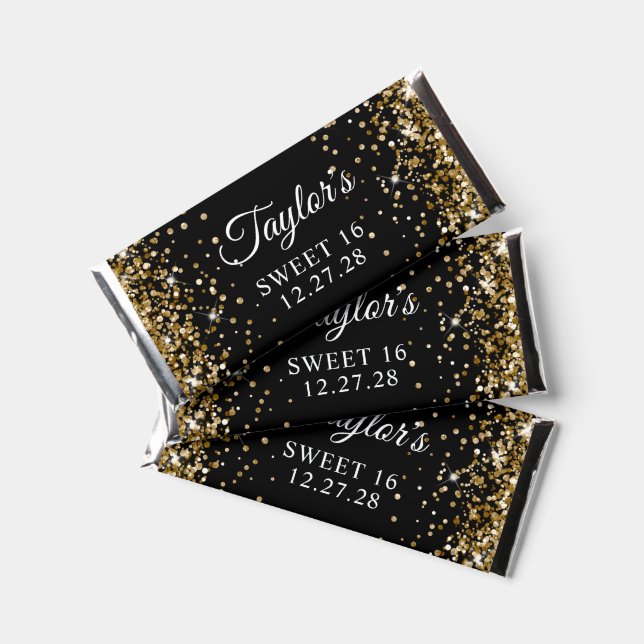 Sparkly Gold Glitter Black Sweet 16 Hershey Bar Favors (Front)