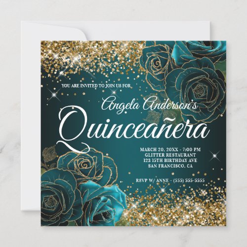 Sparkly Gold Glitter Blue Teal Rose Quinceaera Invitation