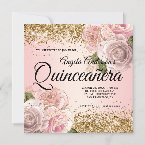 Sparkly Gold Glitter Blush Pink Floral Quinceaera Invitation