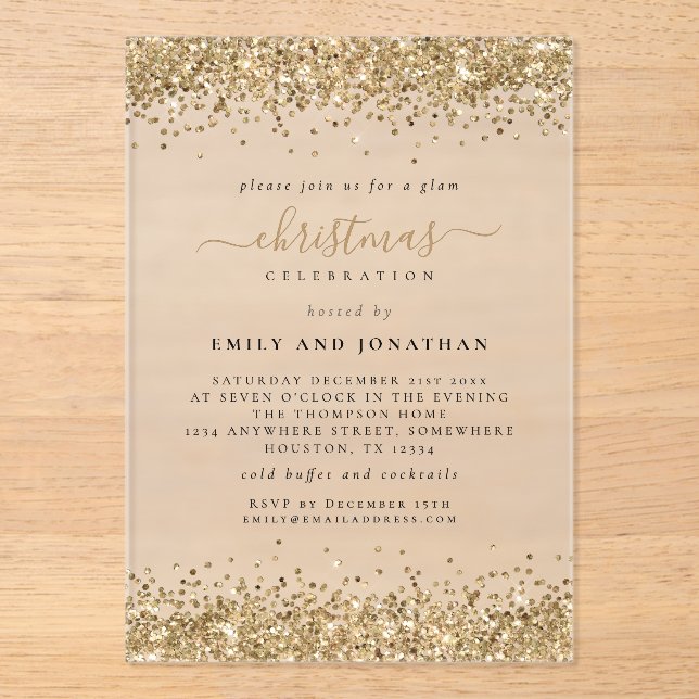 Sparkly Gold Glitter Borders Christmas Party Acrylic Invitations (Front)
