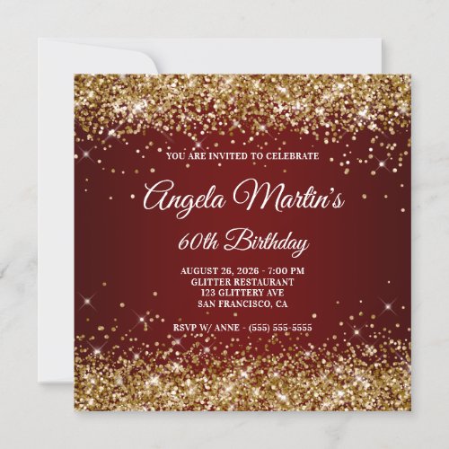 Sparkly Gold Glitter Burgundy Ombre 60th Birthday Invitation