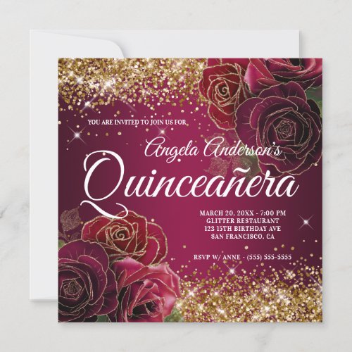 Sparkly Gold Glitter Burgundy Red Rose Quinceaera Invitation