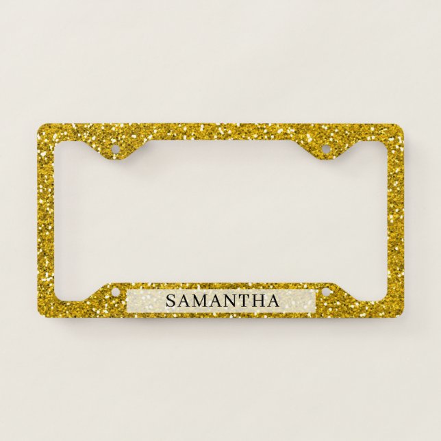 Sparkly Gold Glitter Custom Name License Plate Frame (Front)