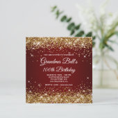 Sparkly Gold Glitter Dark Red Ombre 100th Birthday Invitation (Standing Front)
