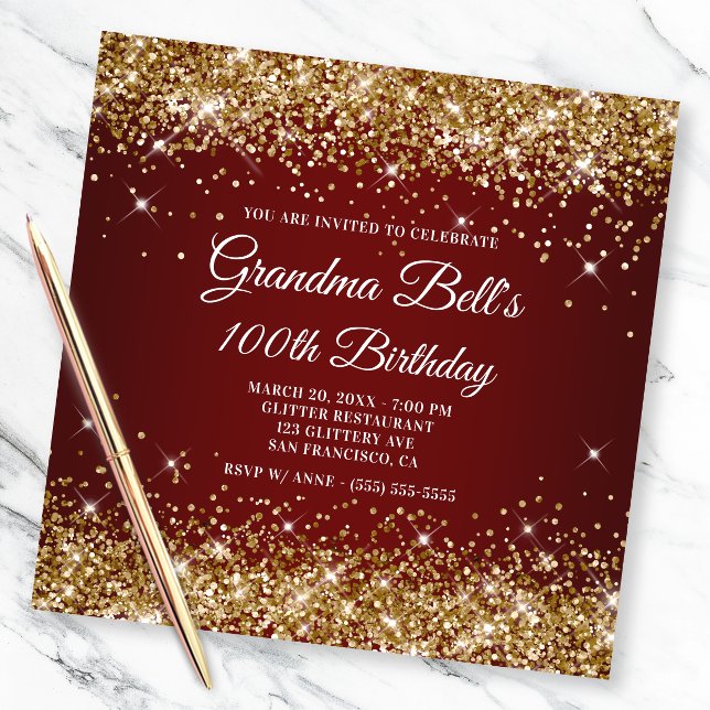 Sparkly Gold Glitter Dark Red Ombre 100th Birthday Invitation