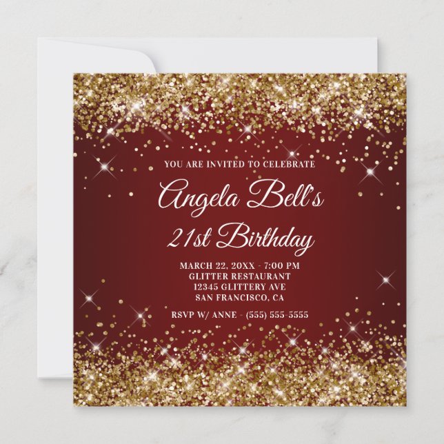 Sparkly Gold Glitter Dark Red Ombre 21st Birthday Invitation (Front)
