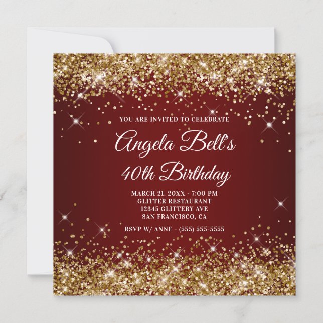 Sparkly Gold Glitter Dark Red Ombre 40th Birthday Invitation (Front)