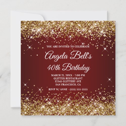 Sparkly Gold Glitter Dark Red Ombre 40th Birthday Invitation