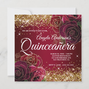 Sparkly Gold Glitter Dark Red Rose Quinceañera Invitation