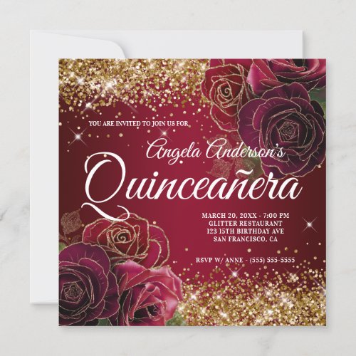 Sparkly Gold Glitter Dark Red Rose Quinceaera Invitation