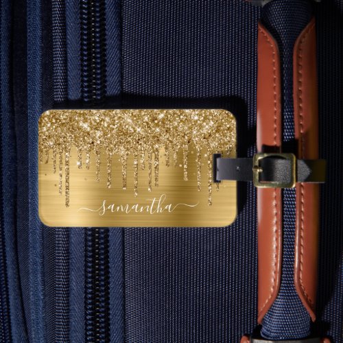 Sparkly Gold Glitter Drips Girly Signature Luggage Tag