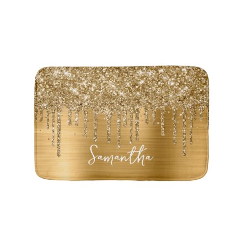 Sparkly Gold Glitter Drips Glam Name Bath Mat