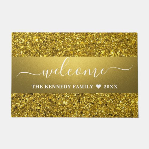 Sparkly Gold Glitter Family Name Welcome  Doormat