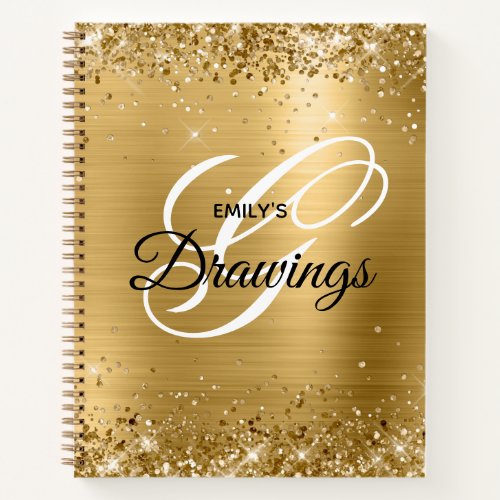 Sparkly Gold Glitter Foil Monogram Drawing Notebook