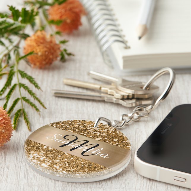 Sparkly Gold Glitter Foil Personalized Monogram Keychain (Front Right)
