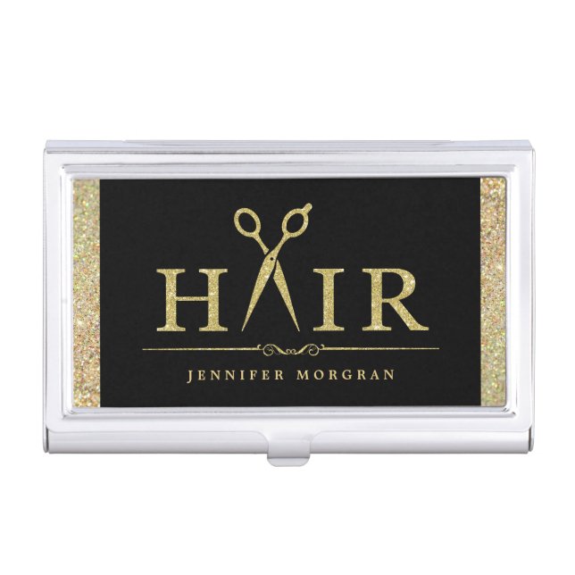 Sparkly Gold Glitter Hair Stylish Beauty Salon Business Card Case (Front)