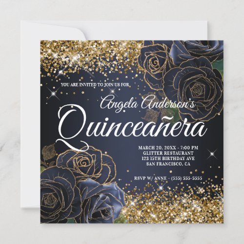 Sparkly Gold Glitter Navy Blue Rose Quinceaera Invitation