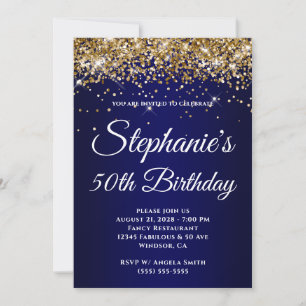 Sparkly Gold Glitter Navy Gradient 50th Birthday Invitation