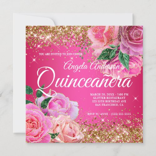 Sparkly Gold Glitter Pink Rose Glam Quinceaera Invitation