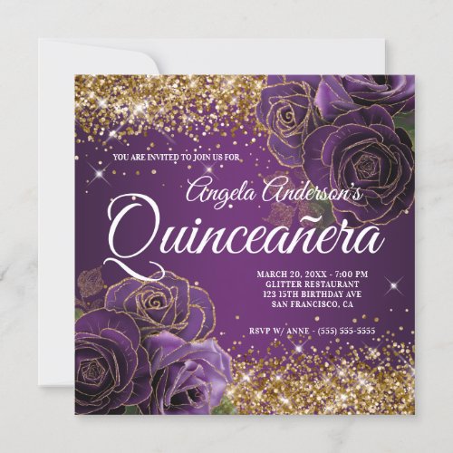 Sparkly Gold Glitter Purple Rose Quinceaera Invitation