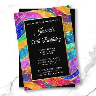Sparkly Gold Glitter Rainbow 50th Birthday Invitation