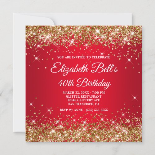 Sparkly Gold Glitter Red Ombre 40th Birthday Invitation