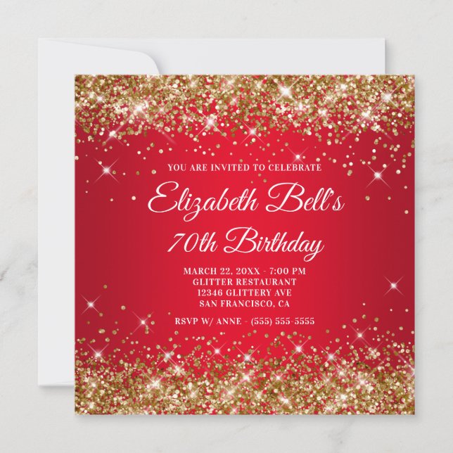 Sparkly Gold Glitter Red Ombre 70th Birthday Invitation (Front)