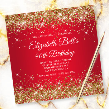 Sparkly Gold Glitter Red Ombre 90th Birthday Invitation by annaleeblysse at Zazzle