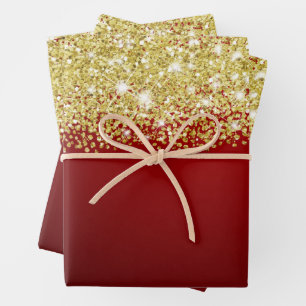 Sparkly Gold Glitter Royal Dark Red Ombre Faux  Wrapping Paper Sheets