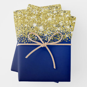 Sparkly Gold Glitter Royal Navy Blue Ombre Faux Wrapping Paper Sheets