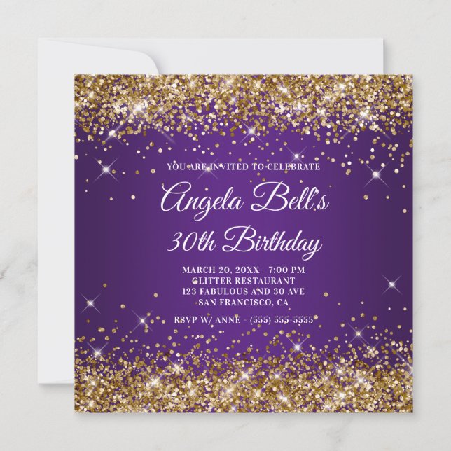 Sparkly Gold Glitter Royal Purple 30th Birthday Invitation (Front)