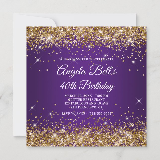 Sparkly Gold Glitter Royal Purple 40th Birthday Invitation (Front)